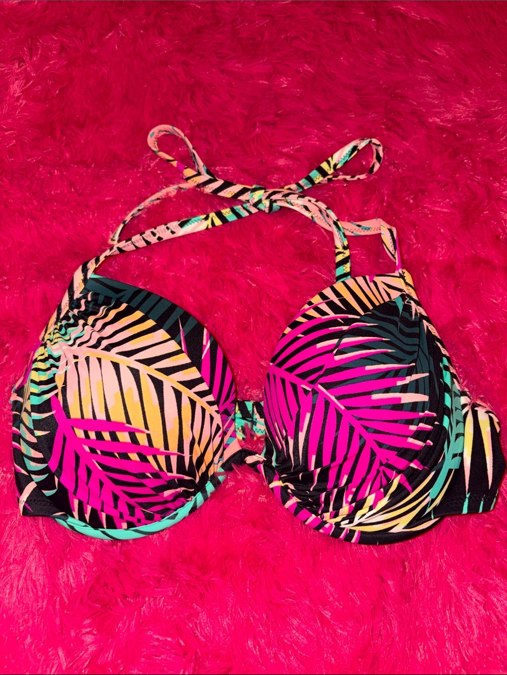 Shade & Shore Neon Palm Print Push-Up Bikini Top - Pink, Yellow, Green, Black